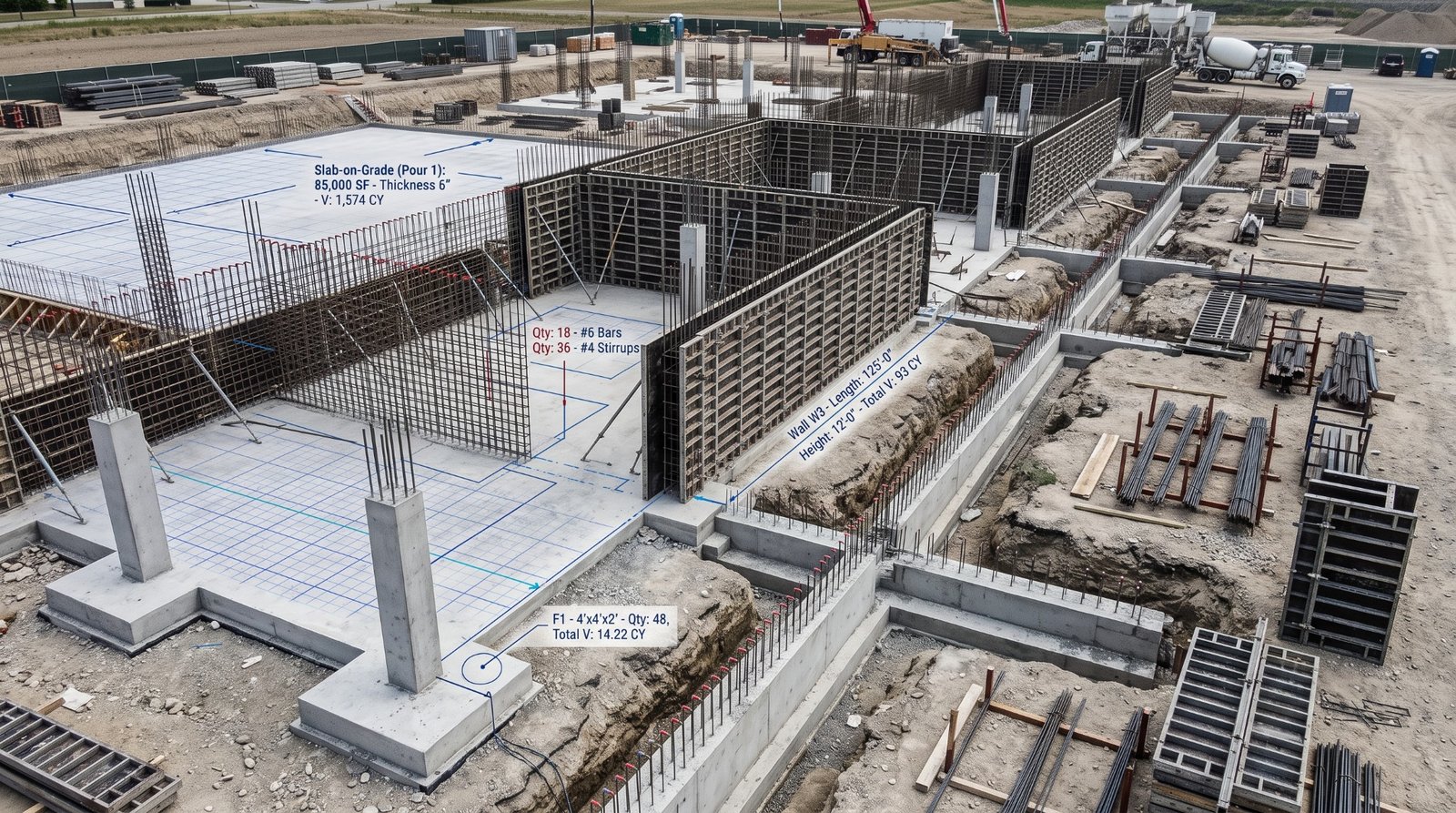 Concrete takeoff blueprint showing foundation footings, grade beams, and rebar schedules