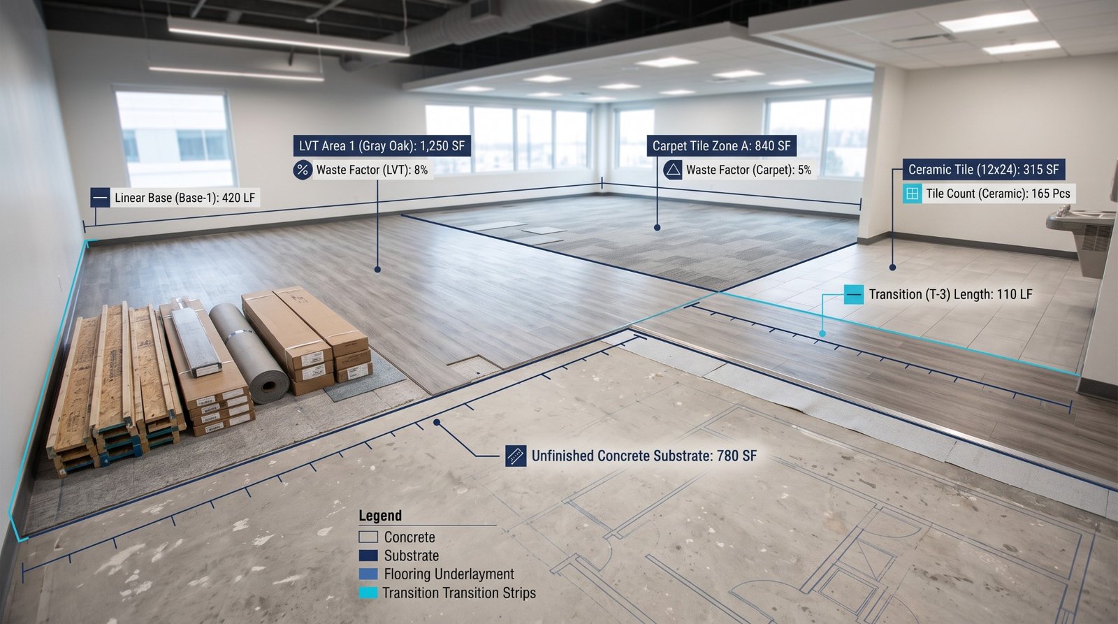 Illustrative commercial flooring and finish schedule takeoff markup