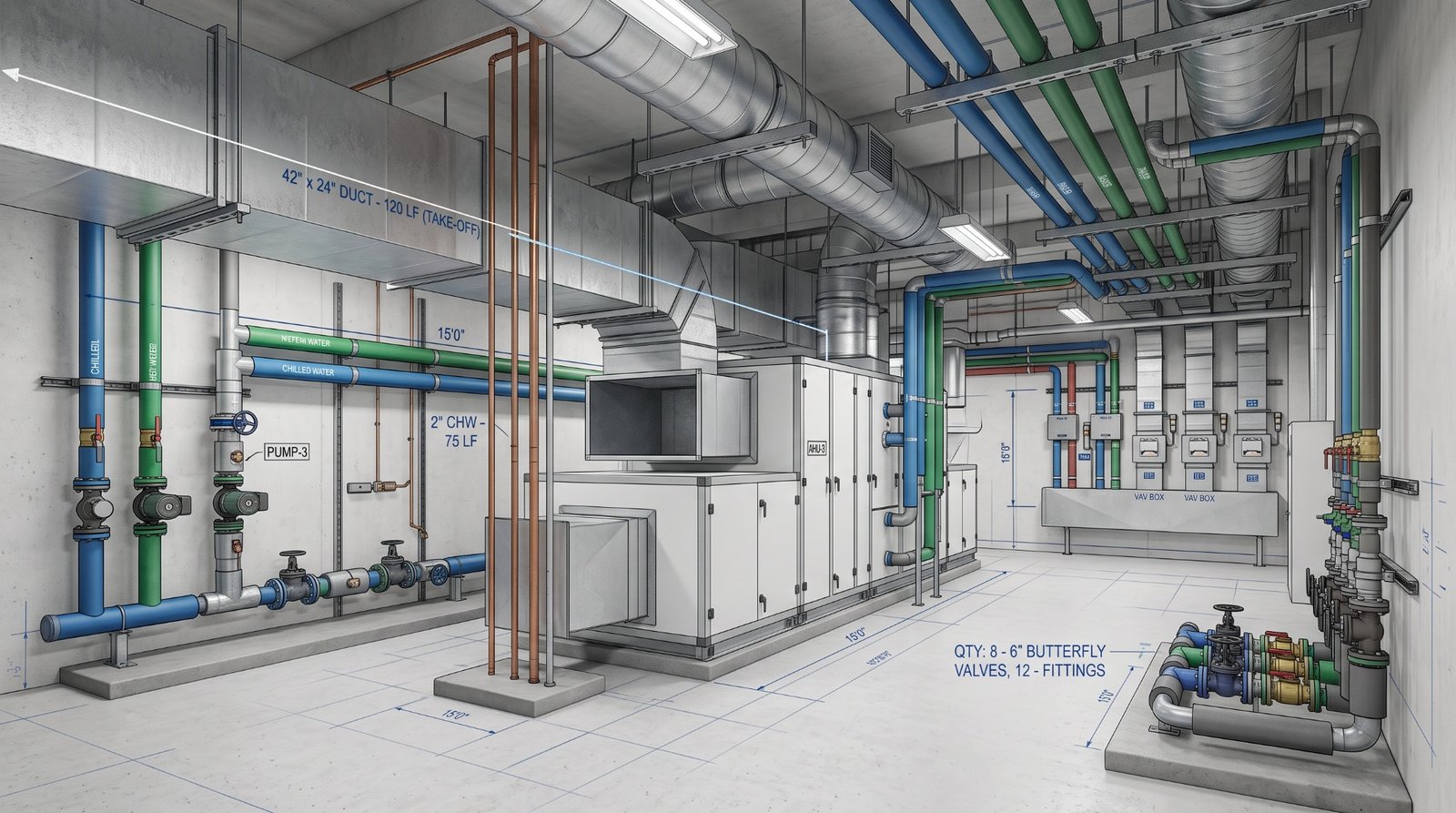Mechanical HVAC equipment schedules and ductwork estimating plans