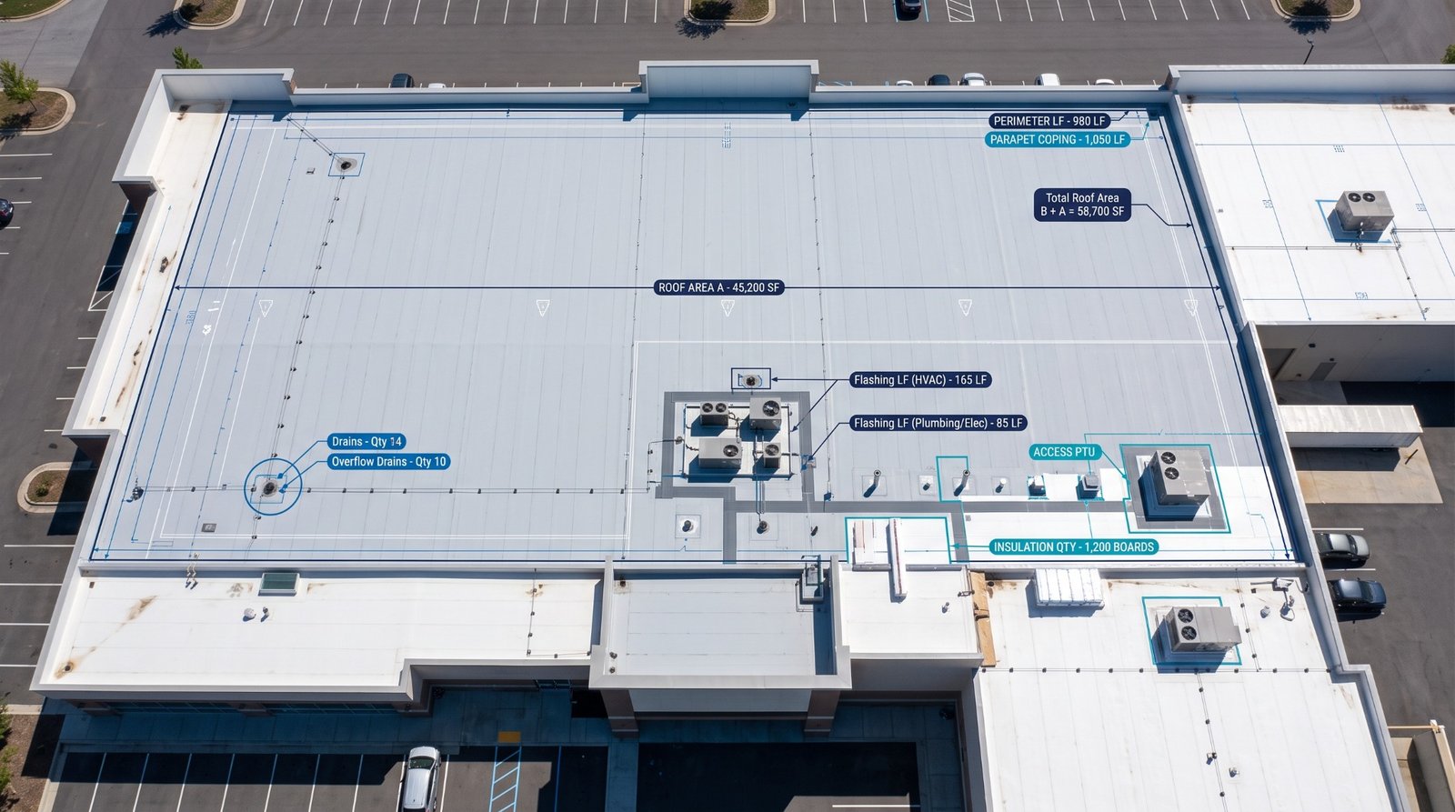 Commercial roofing blueprint takeoff review showing membrane layers, flashing details, and roof pitch dimensions
